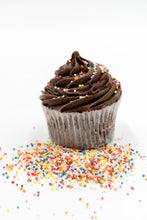 Load image into Gallery viewer, Choclate Cupcake on a white background surrounded by colourful sprinkles
